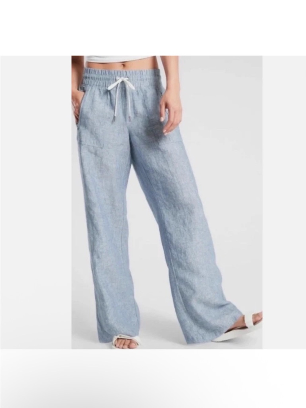 Athleta Cabo 100% Linen WIde Leg Pants Chambray Blue Zip Pockets Sz 16 EUC